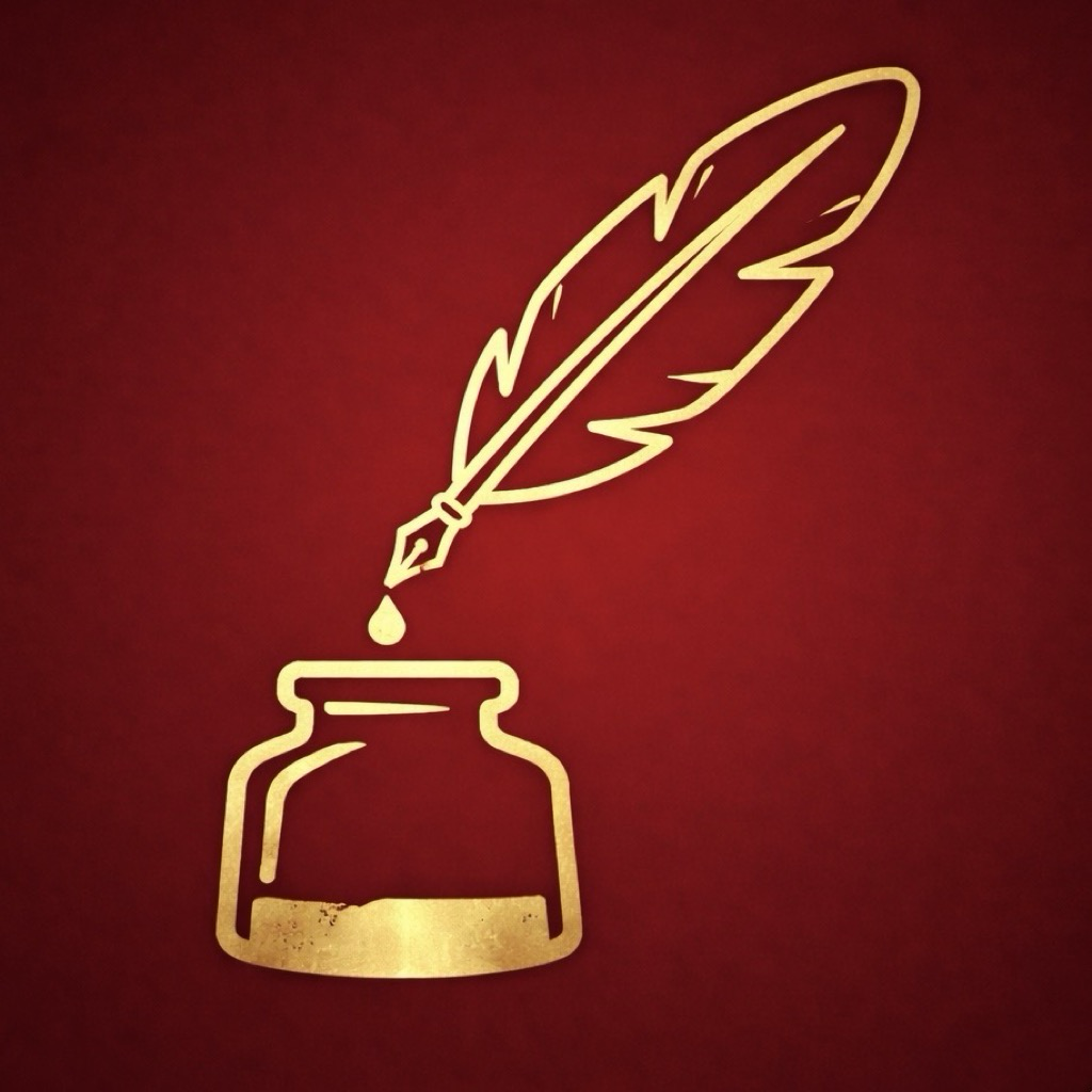 Dead Souls Daily app icon, a gold quill and inkwell on deep red